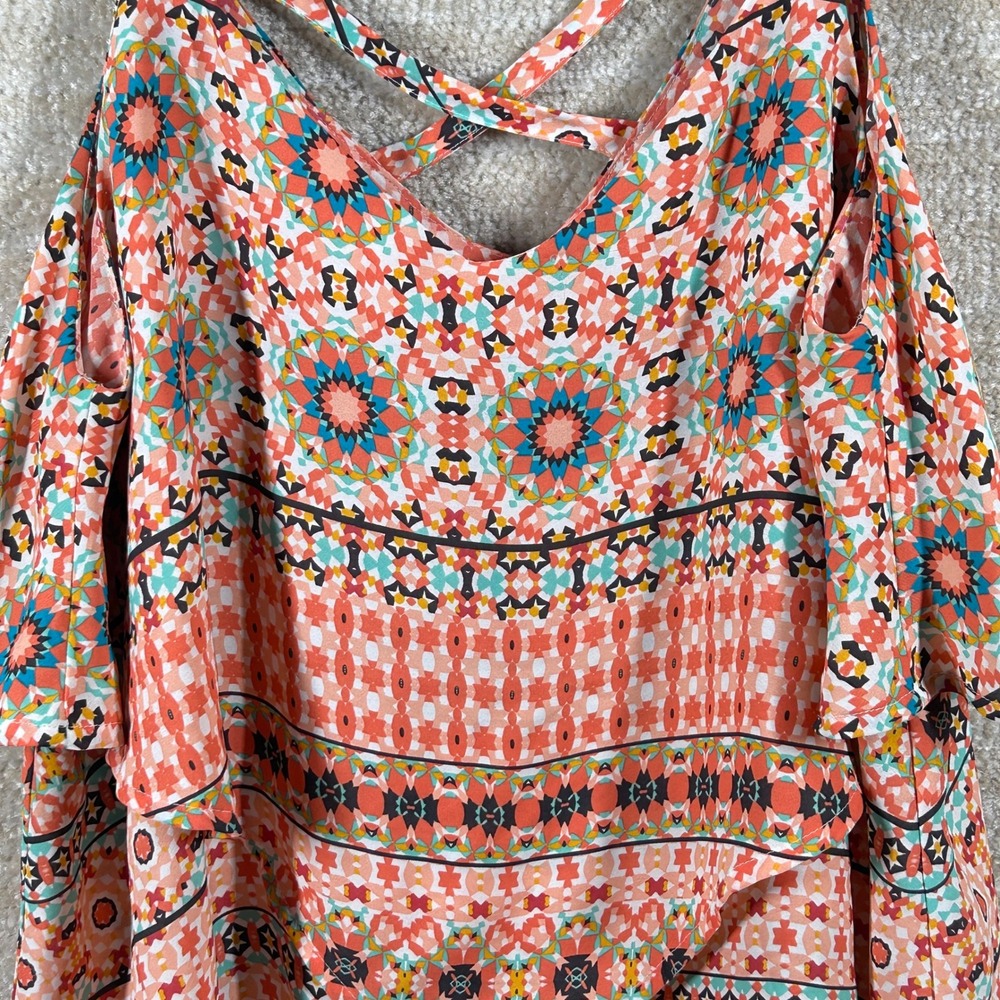 Torrid Womens Boho Geometric Kaleidoscope Cold Shoulder Strappy Top Coral Size 0